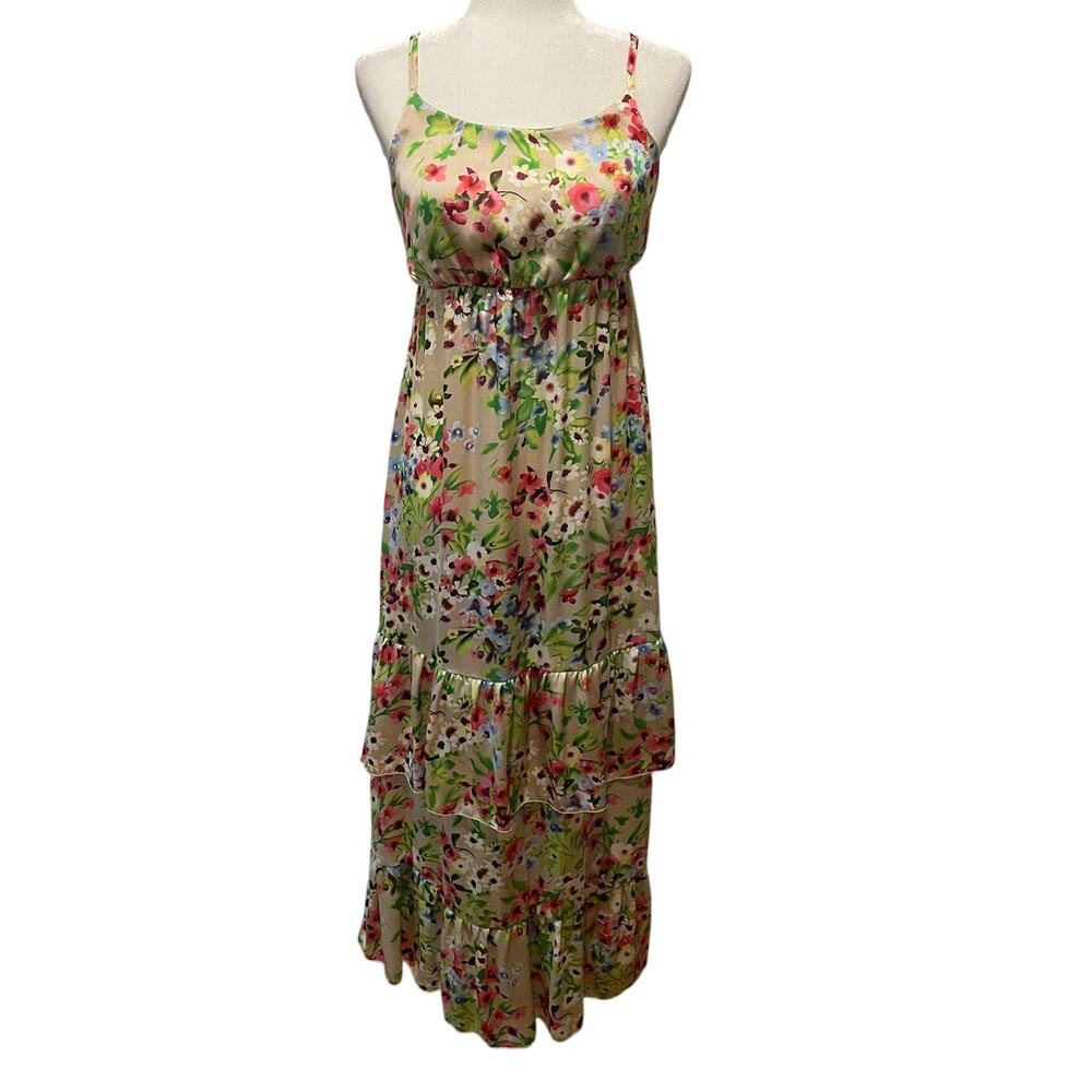 Old Navy Satin Floral Maxi Dress Sz M Tiered Empire Waist Colorful Cottagecore
